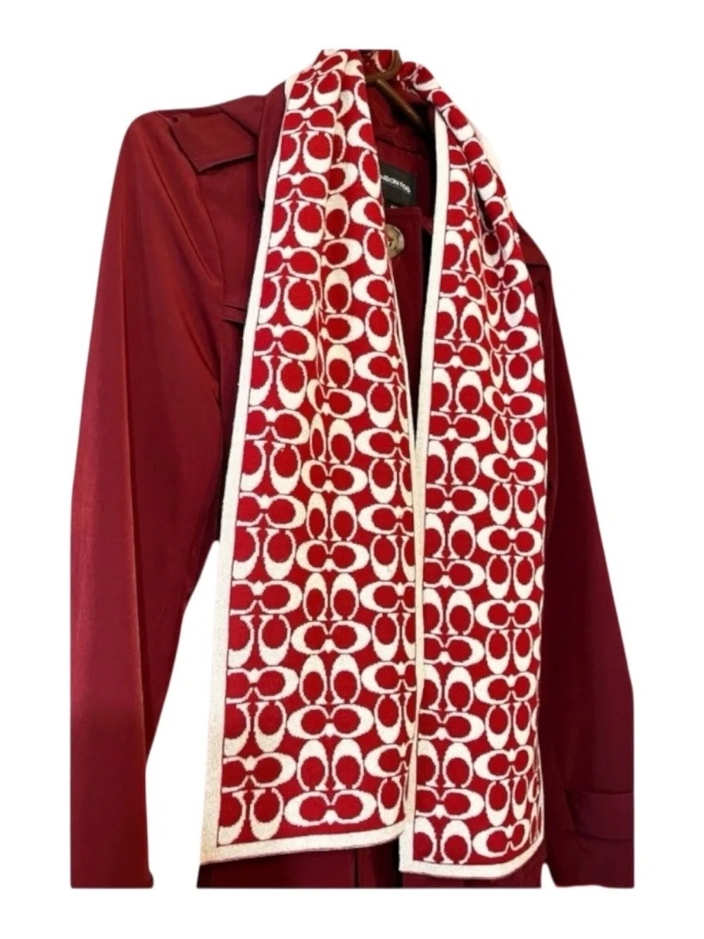 Coach NWOT Deep Red & Silver  Metallic Wool Scarf
